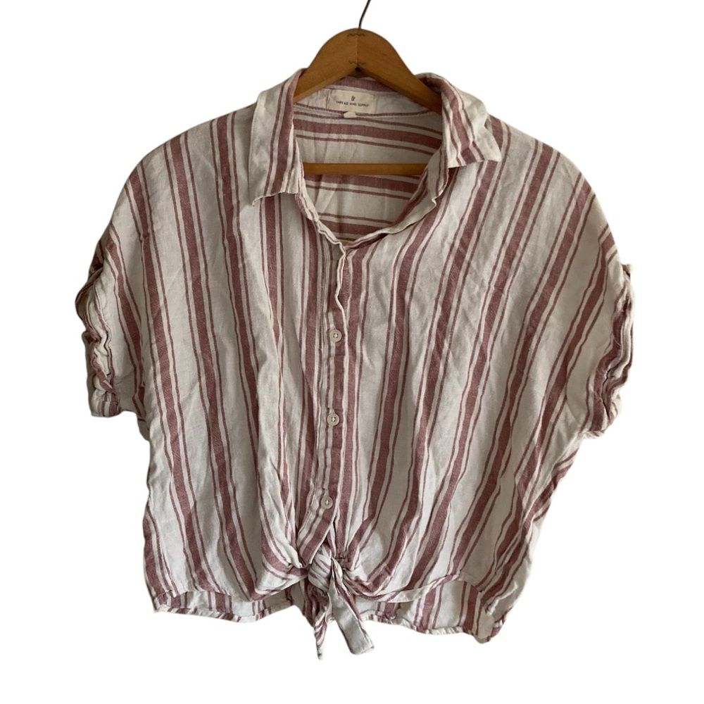 Thread & Supply Linen Blend Tie- Front Striped Button Down